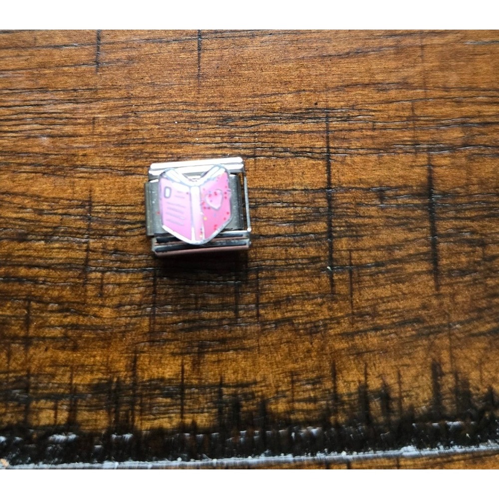 Pink Book Heart Italian Charm Stainless Steel 9mm Link for Modular Bracelet